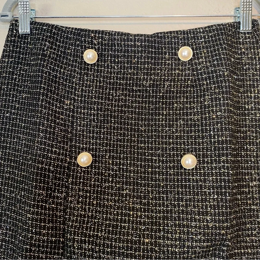 Commense Womens Pearl Button Gold Thread Midi Skirt Black Size L Slit Career NEW